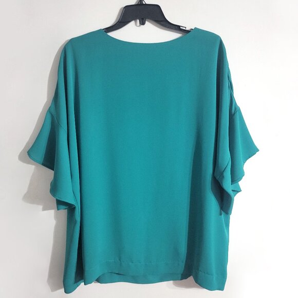 J Jill Wearever Womens Flounced Sleeve Woven Top Size L Green Round Neck Demure - Picture 2 of 13